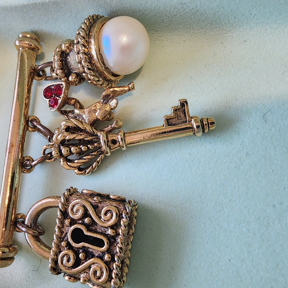 Vintage Gold Charm Brooch with Pearl and Red Details